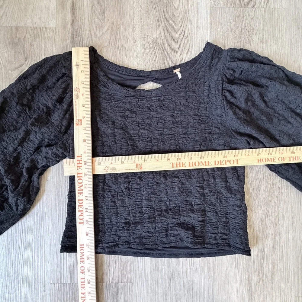 Free People Black Textured Puff Sleeve Open Back Top XL Boho Crinkle Blouse